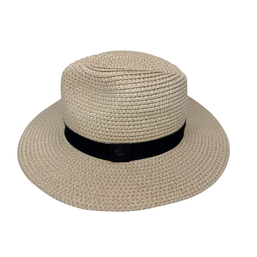 Lauren Ralph Lauren Tan Straw Fedora Hat Black Ribbon RL Logo One Size 57cm -BT